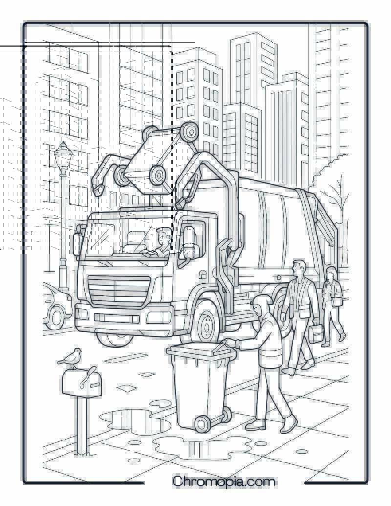 Automated Bin Lifter Garbage Truck in City Center – Garbage Truck Coloring Page