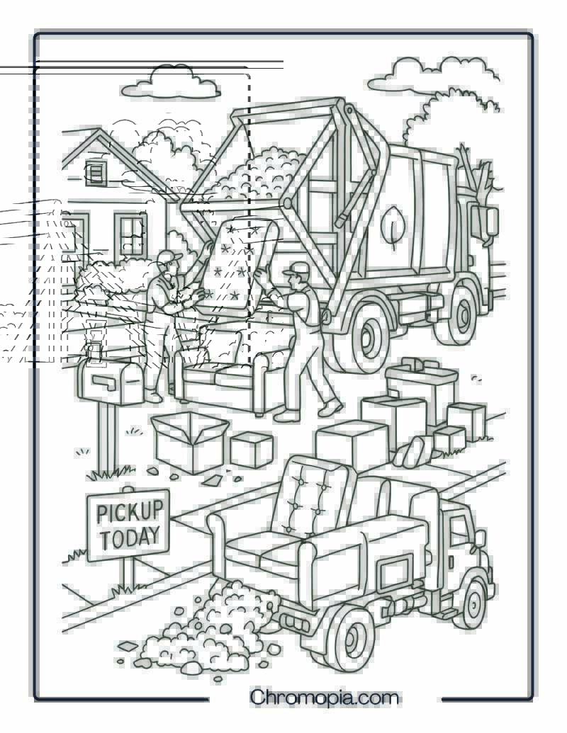 Bulk Trash Pickup Day in Suburban Street – Garbage Truck Coloring Page