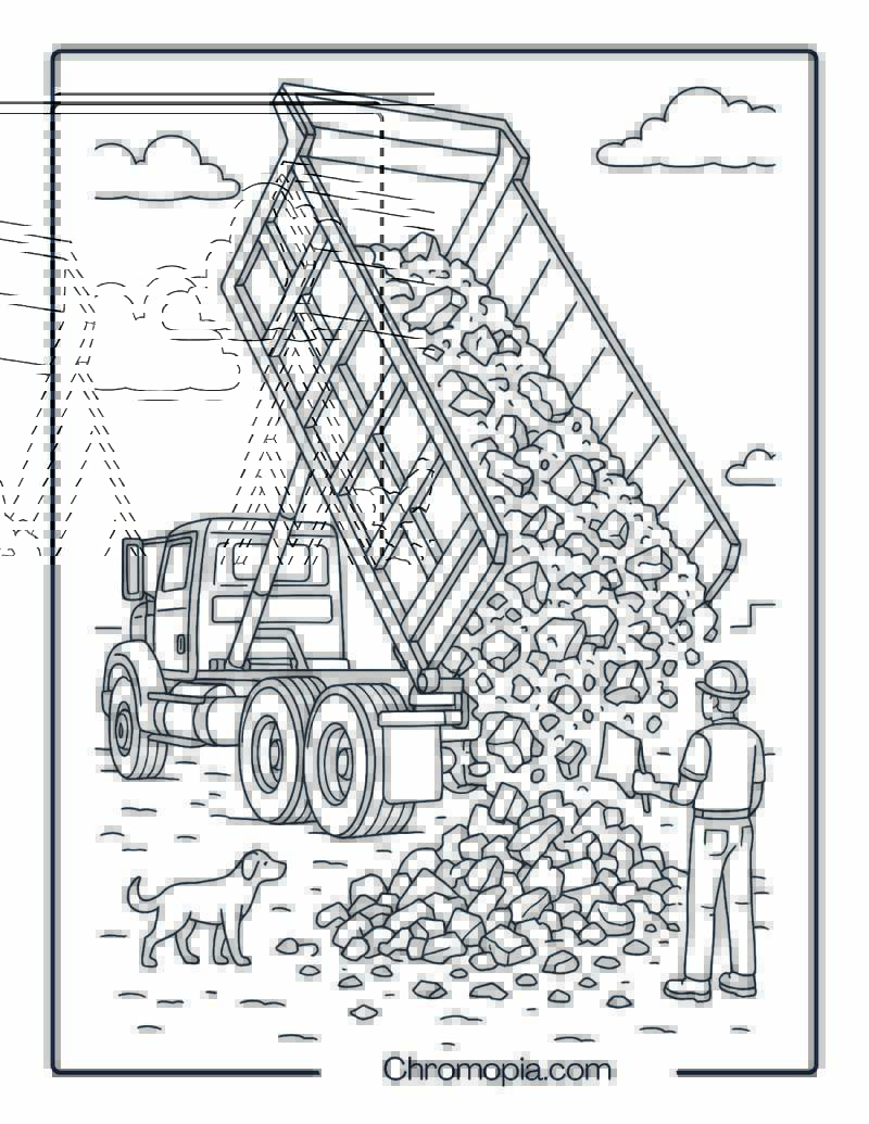 Dump Truck Unloading Construction Waste – Dump Truck Coloring Page