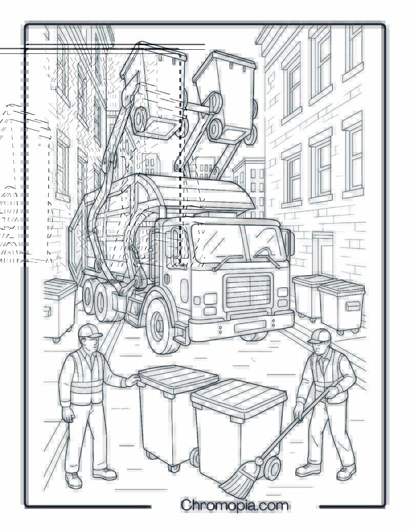 Front Loader Garbage Truck Collecting Trash Bins in Urban Alley – Garbage Truck Coloring Page
