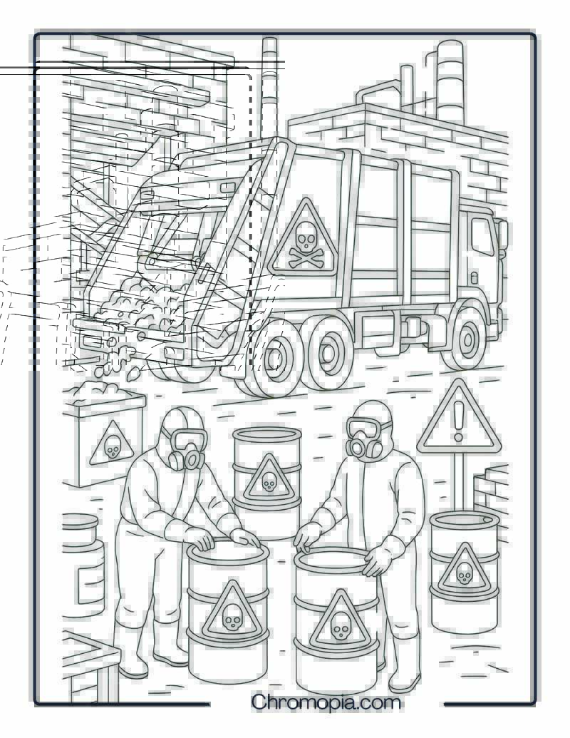 Hazardous Waste Truck at Industrial Site – Garbage Truck Coloring Page