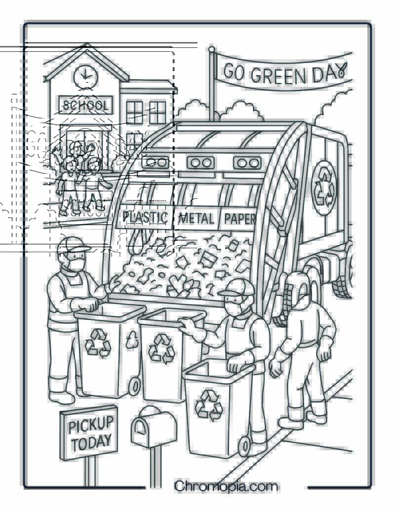Multi-Compartment Recycling Truck Sorting Plastic, Metal, and Paper – Garbage Truck Coloring Page