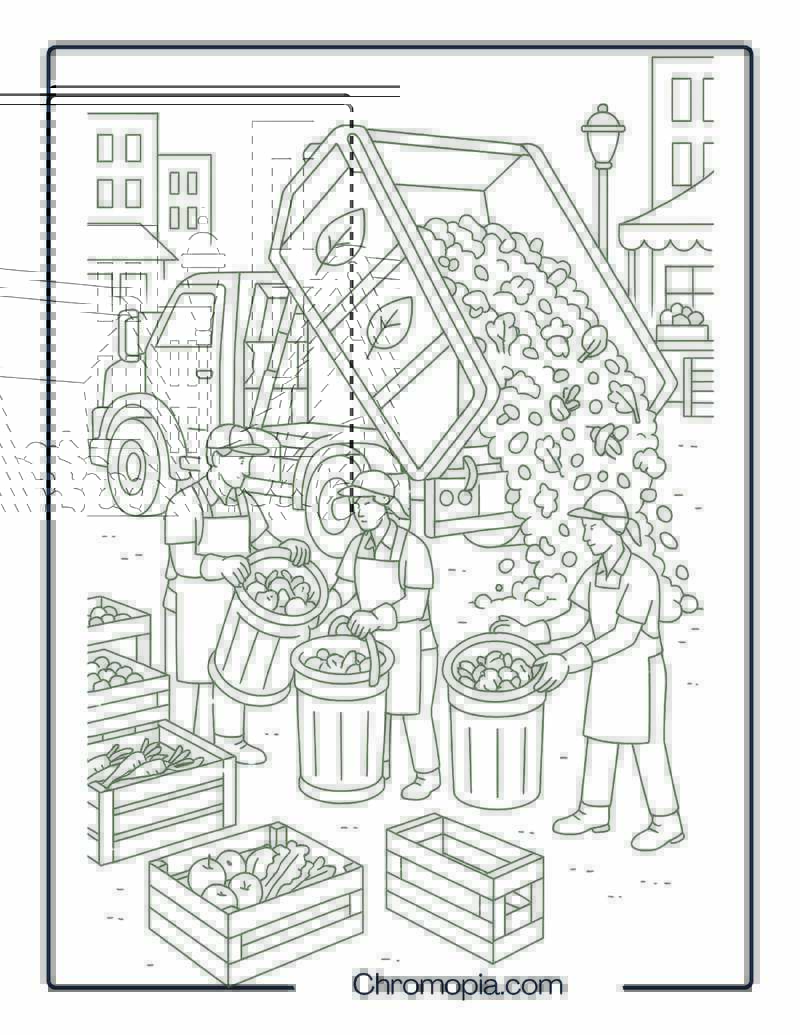 Organic Waste Truck Collecting Food Scraps from Market – Garbage Truck Coloring Page