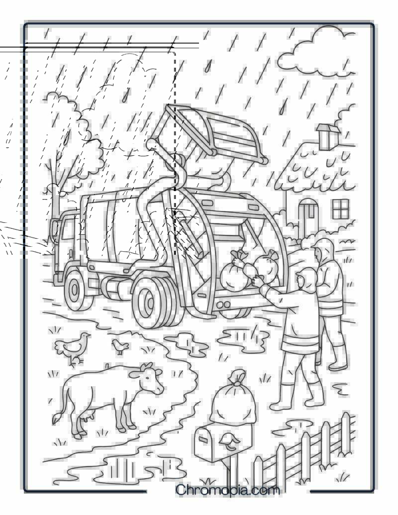 Rear Loader Garbage Truck on a Rainy Village Road – Garbage Truck Coloring Page