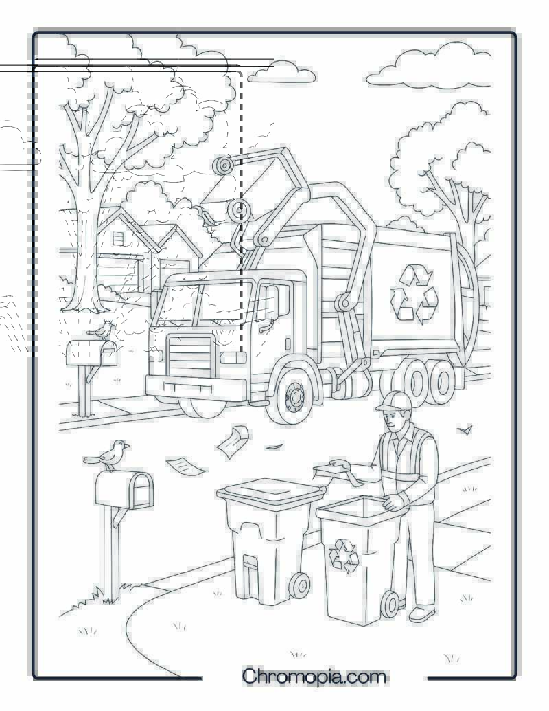 Side Loader Recycling Truck in Suburban Neighborhood – Garbage Truck Coloring Page