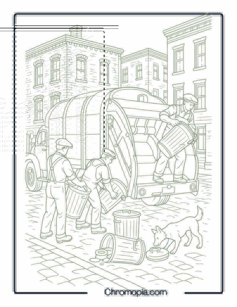 Vintage Garbage Truck Collecting Steel Trash Cans – Garbage Truck Coloring Page
