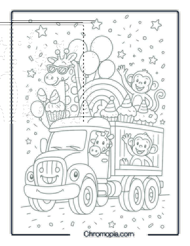 Cartoon Big Truck with Rainbow Cargo and Party Animals – Big Truck Coloring Page