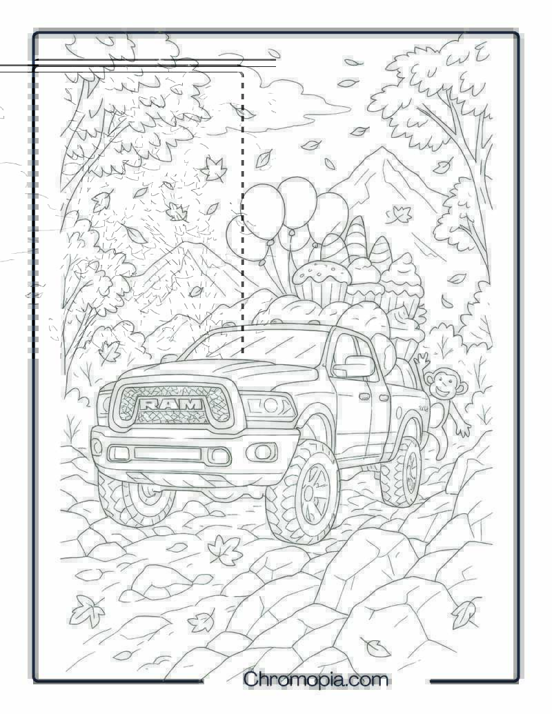 Dodge Power Ram Climbing Mountain Pass in Autumn – Dodge Truck Coloring Page