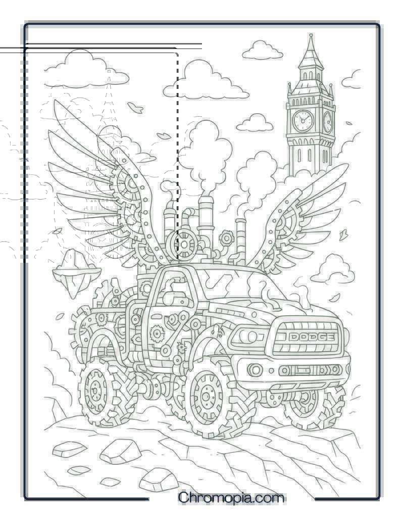 Fantasy Steampunk Dodge Truck with Gear Wings – Dodge Truck Coloring Page