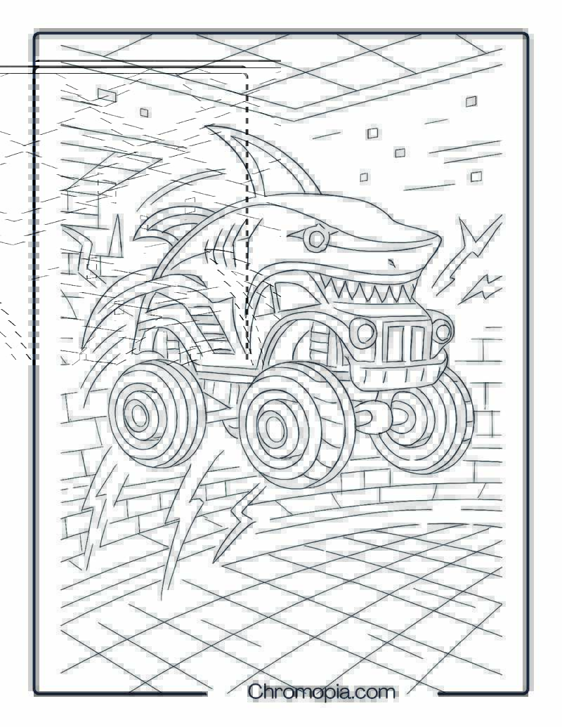 Futuristic Electric Megalodon Monster Truck in Cyber Arena – Megalodon Monster Truck Coloring Page
