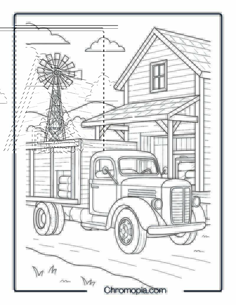 Vintage Diesel Tractor Trailer at Country Grain Mill – Tractor Trailer Truck Coloring Page