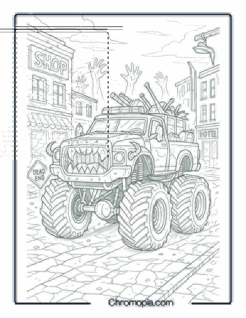 Zombie Monster Truck Rampage Through Abandoned Town – Zombie Monster Truck Coloring Page