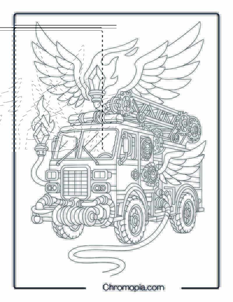 Anime-Inspired Fantasy Fire Truck with Wings – Fire Truck Coloring Page