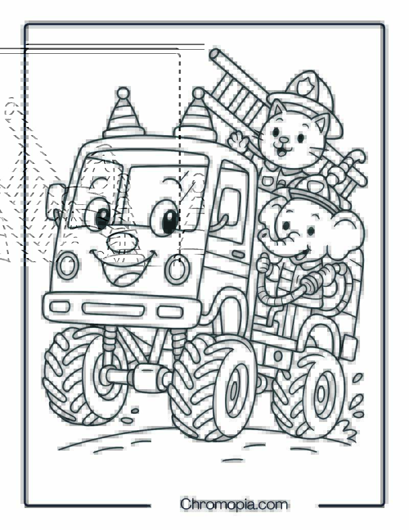 Cartoon Fire Truck with Smiling Face and Firefighter Animals – Fire Truck Coloring Page