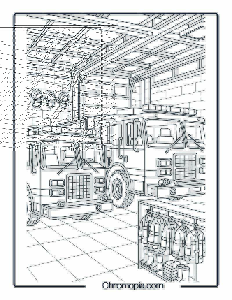 Fire Truck Garage Interior Scene – Fire Truck Coloring Page