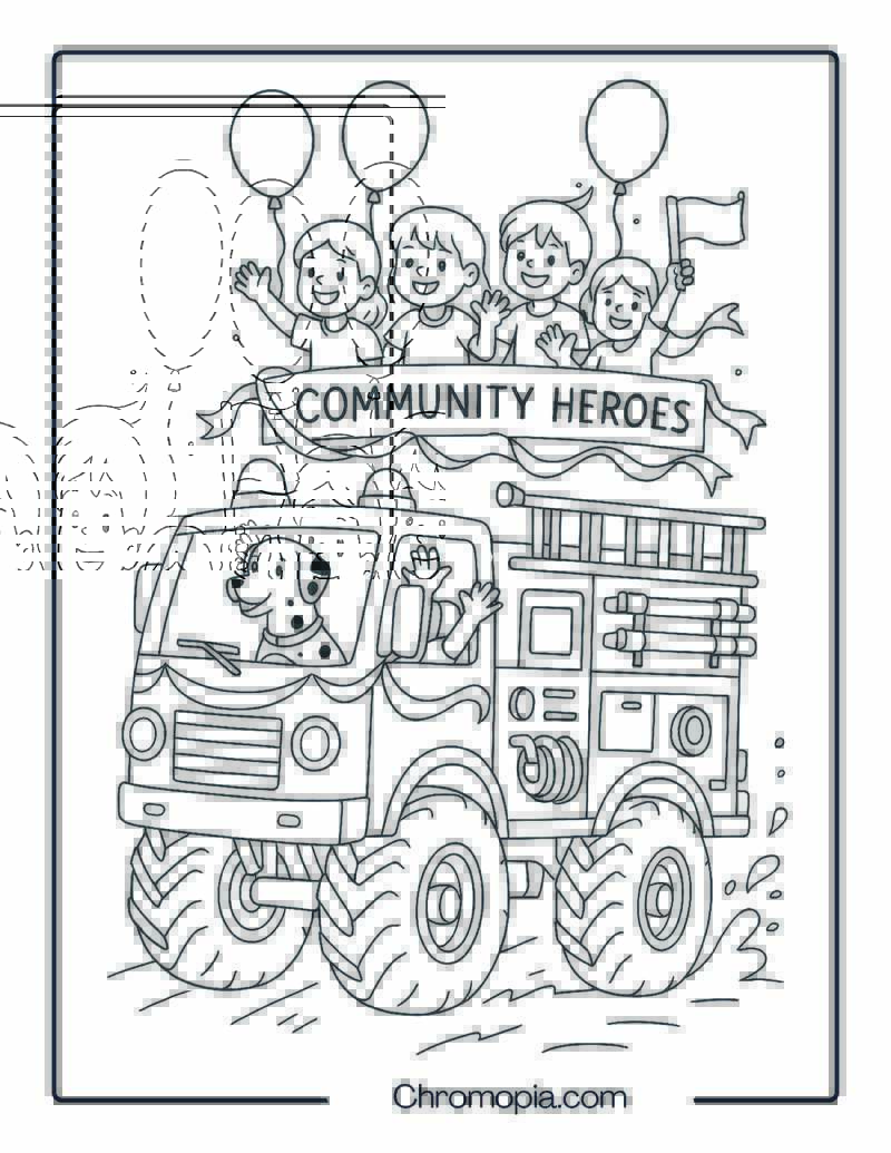 Fire Truck Parade Float with Kids Waving Flags – Fire Truck Coloring Page