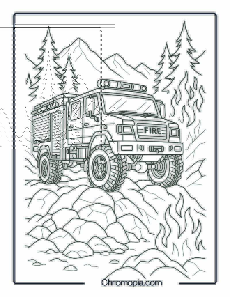 Fire Truck in Mountain Rescue Scenario – Fire Truck Coloring Page