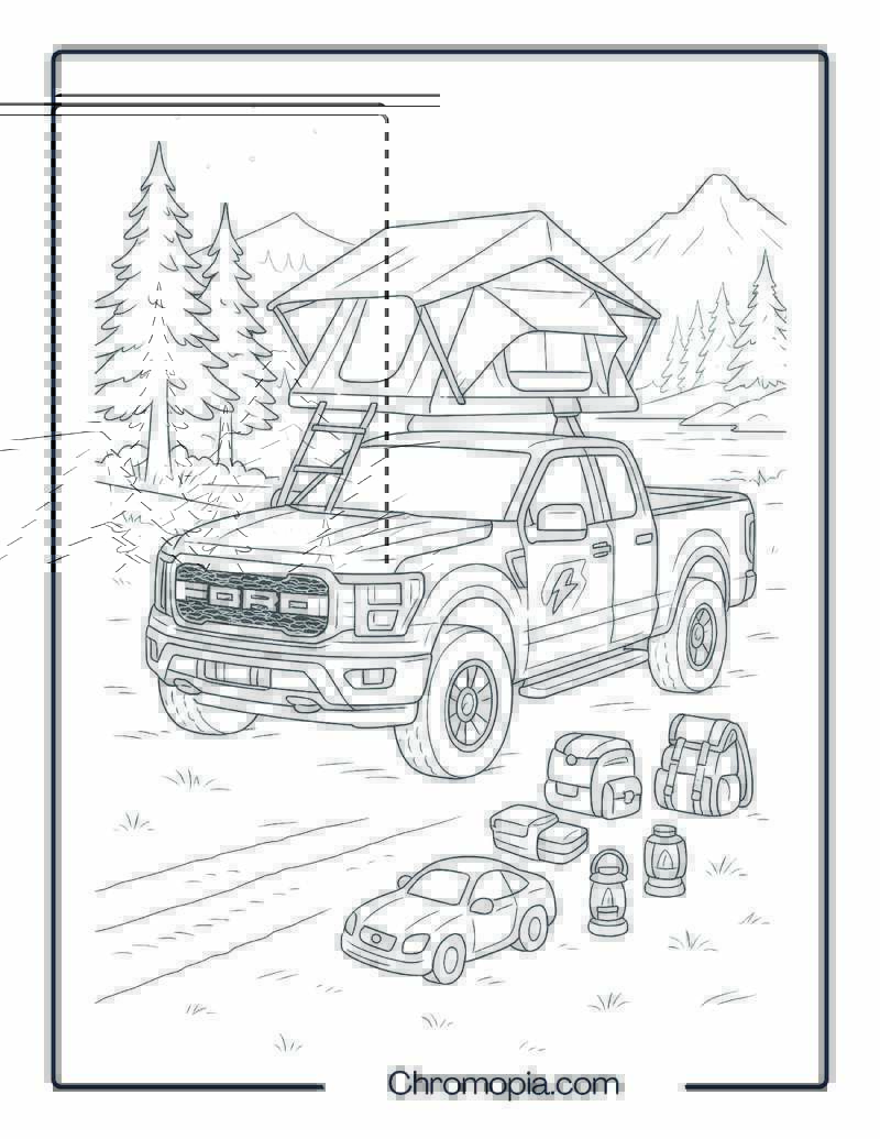 Ford Truck Camping Scene with Roof Tent – Ford Truck Coloring Page