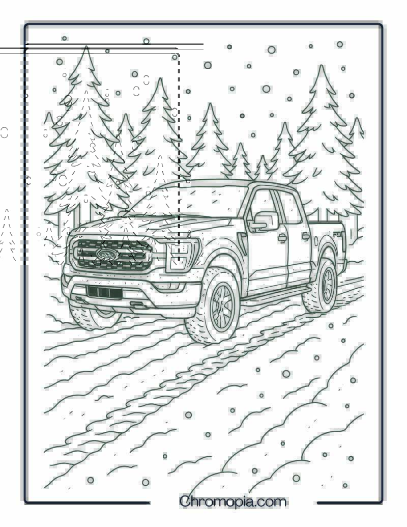 Realistic Ford F-150 in a Snowy Forest Trail – Ford Truck Coloring Page