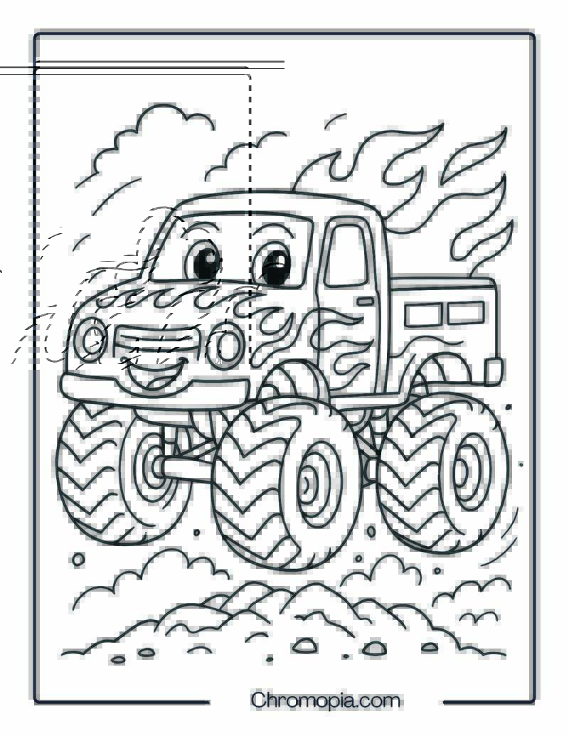 Cartoon-Style Grave Digger Monster Truck with Big Eyes – Grave Digger Monster Truck Coloring Page