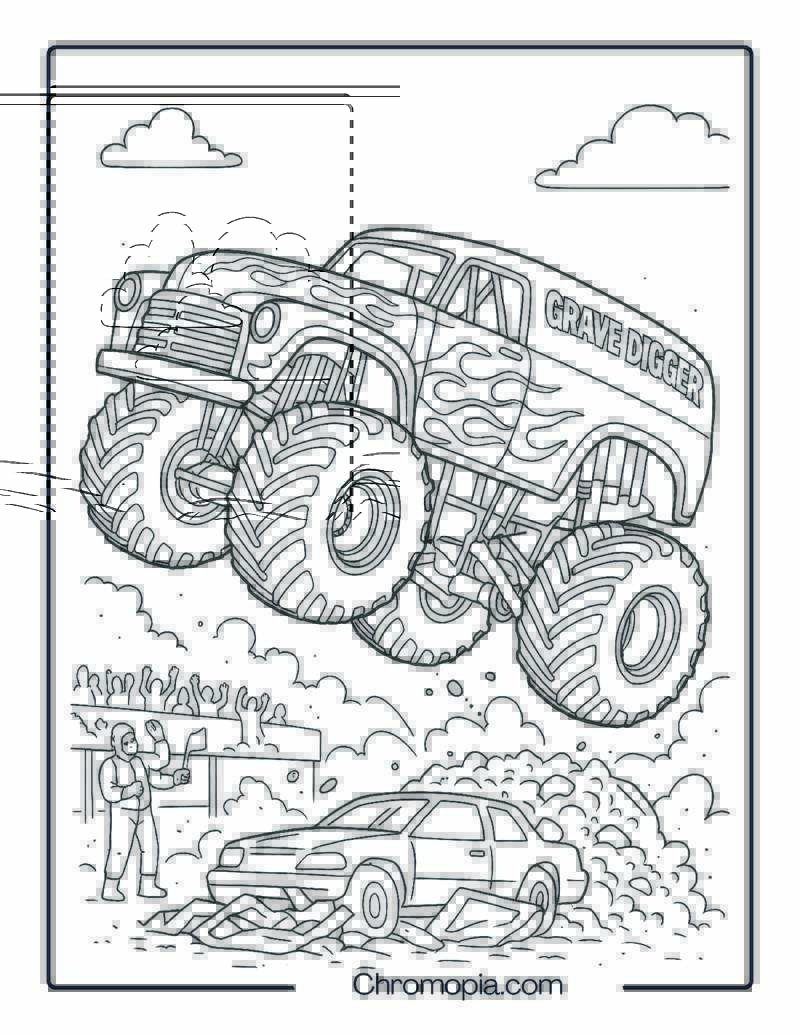 Grave Digger Monster Truck Mid-Air Stunt – Grave Digger Monster Truck Coloring Page