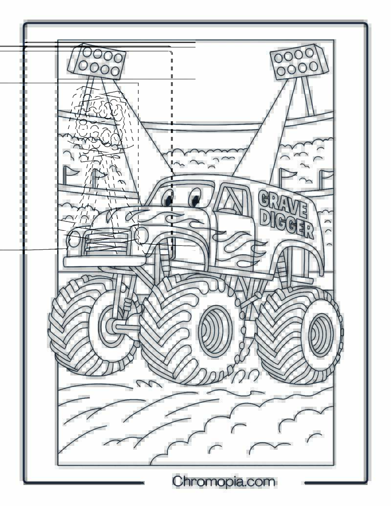 Grave Digger Monster Truck in Stadium with Spotlights – Grave Digger Monster Truck Coloring Page