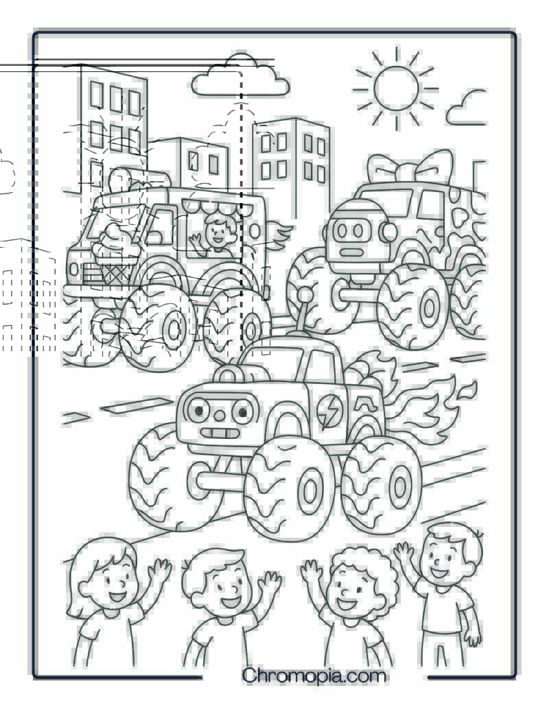 Hot Wheels Monster Truck Parade with Kids Watching – Hot Wheels Monster Truck Coloring Page