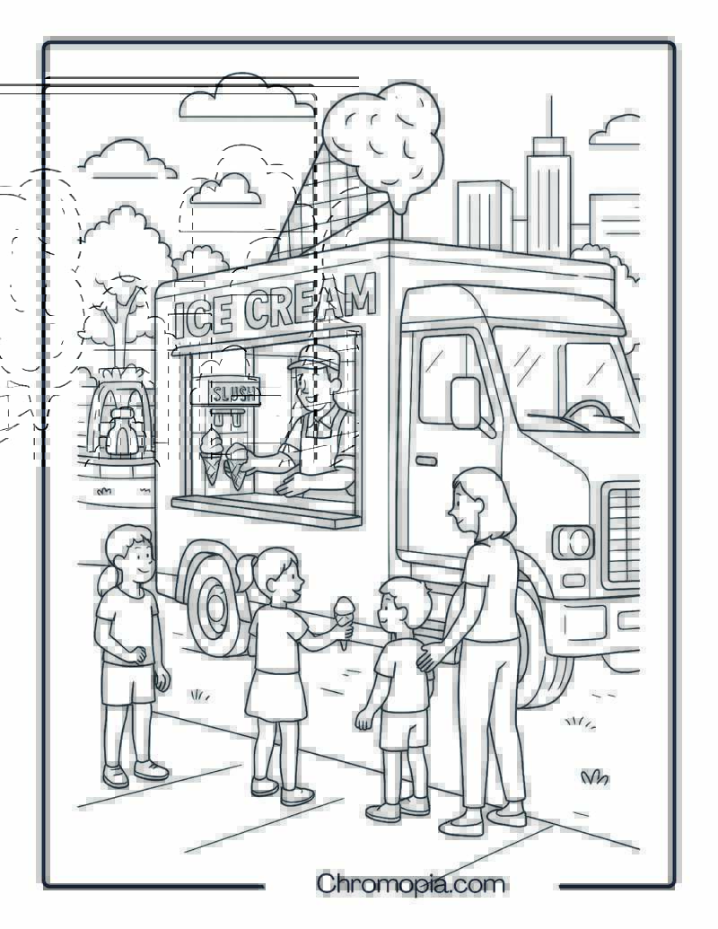 Realistic Modern Ice Cream Truck in City Park – Ice Cream Truck Coloring Page