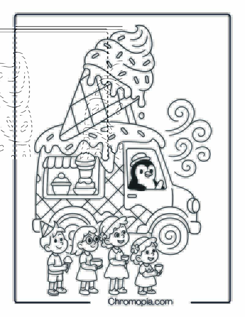 Whimsical Ice Cream Truck with Giant Cone on Top – Ice Cream Truck Coloring Page