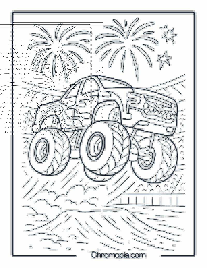 Monster Jam Arena Jump with Fireworks – Monster Jam Truck Coloring Page
