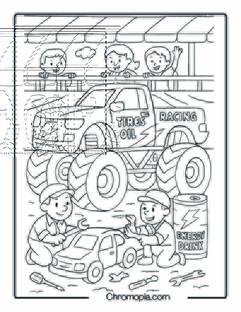 Monster Jam Pit Stop with Mechanics and Fans – Monster Jam Truck Coloring Page