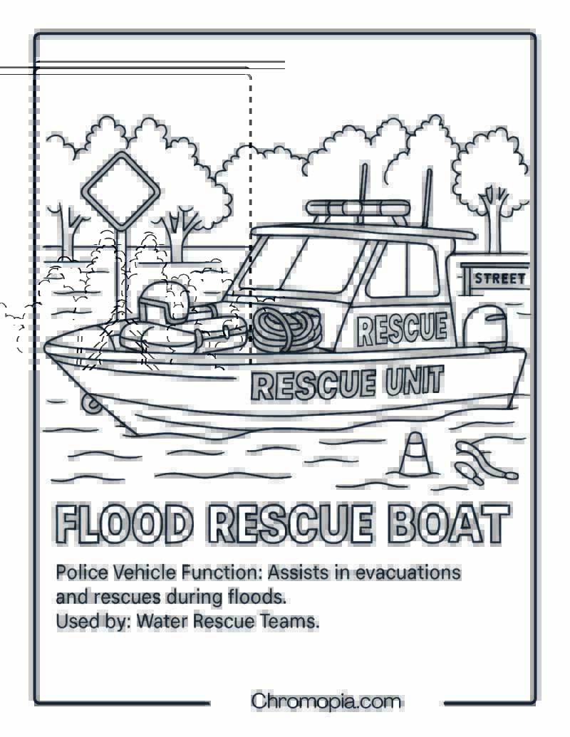 Flood Rescue Boat – Police Vehicle Coloring Page
