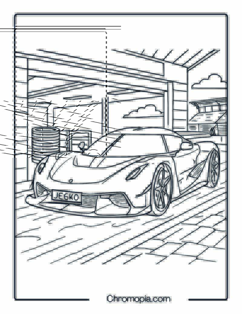 Koenigsegg Jesko at Race Track Pit – Car Coloring Page