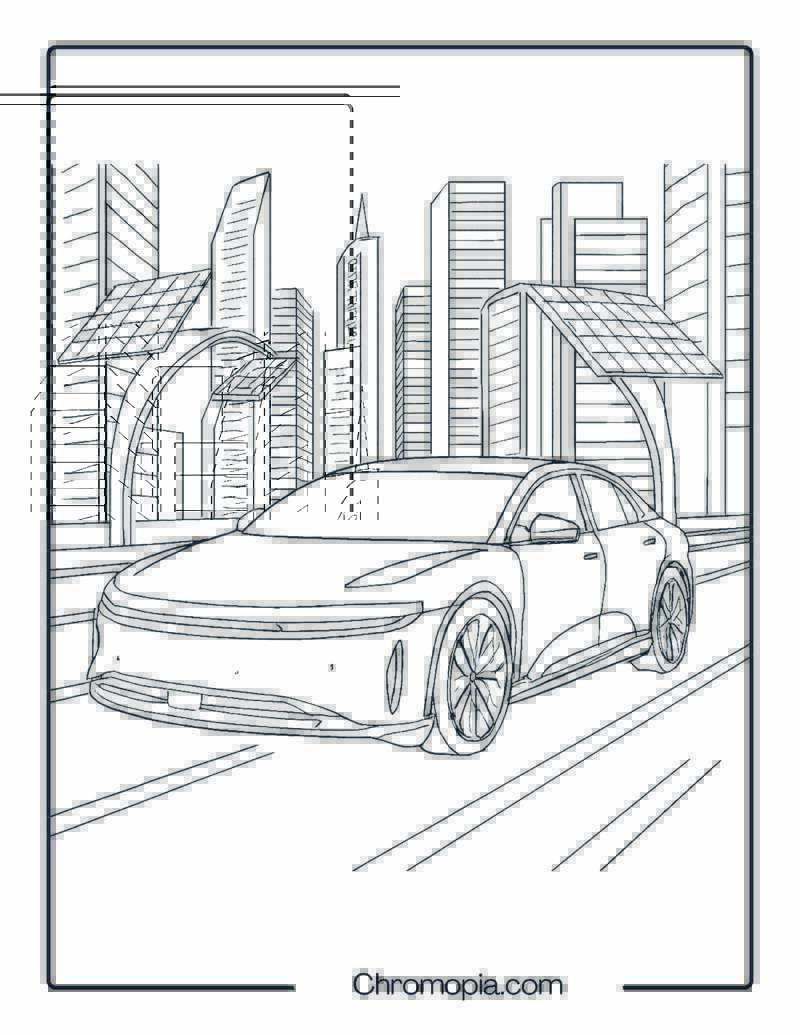 Lucid Air in Futuristic City – Car Coloring Page