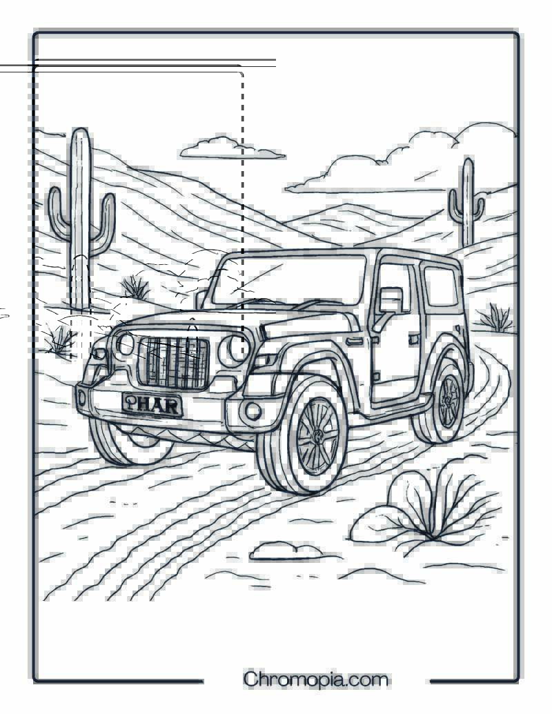 Mahindra Thar in Desert Dunes – Car Coloring Page