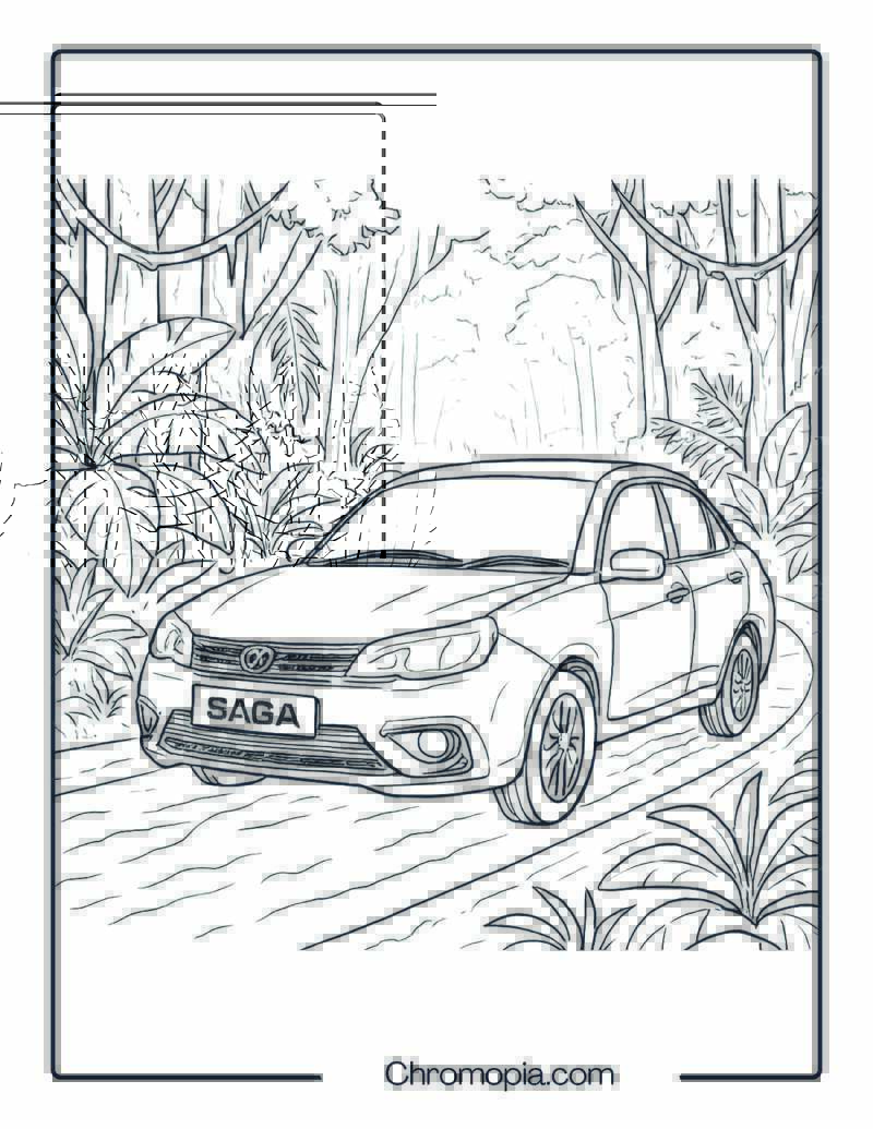 Proton Saga in Rainforest Road – Car Coloring Page
