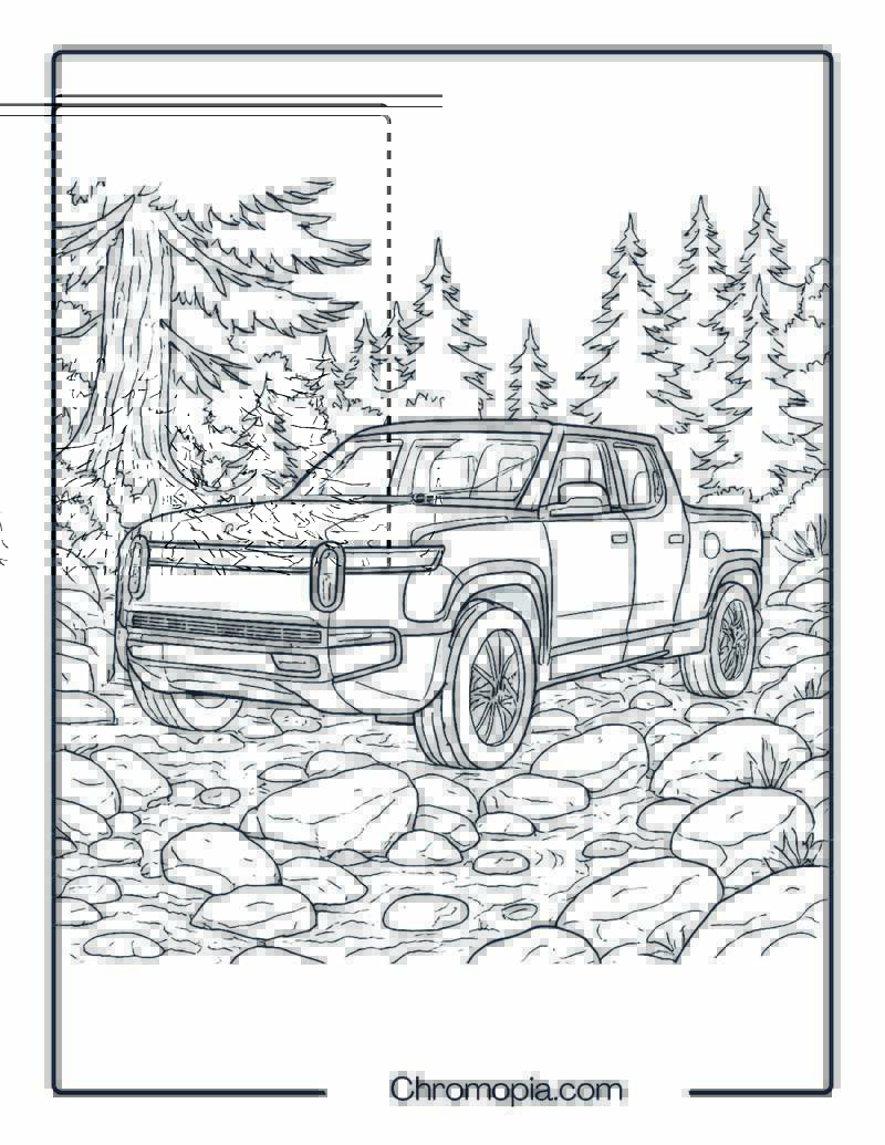Rivian R1T in Forest Trail – Car Coloring Page