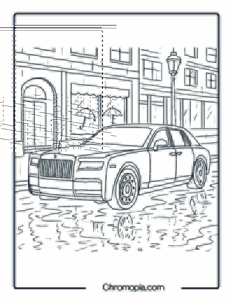 Rolls-Royce Phantom on Rainy City Street – Car Coloring Page