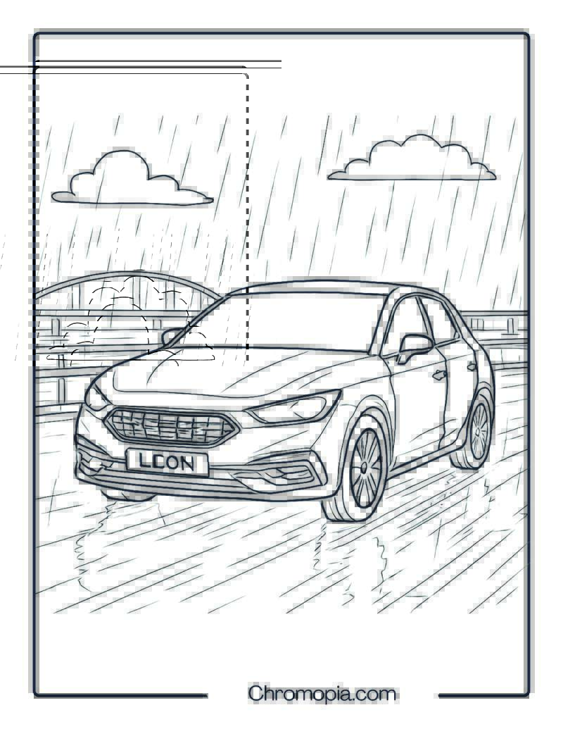 SEAT Leon on Rain-Slick Highway – Car Coloring Page