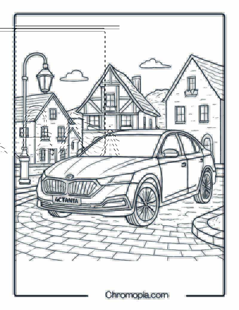 Skoda Octavia in European Village – Car Coloring Page