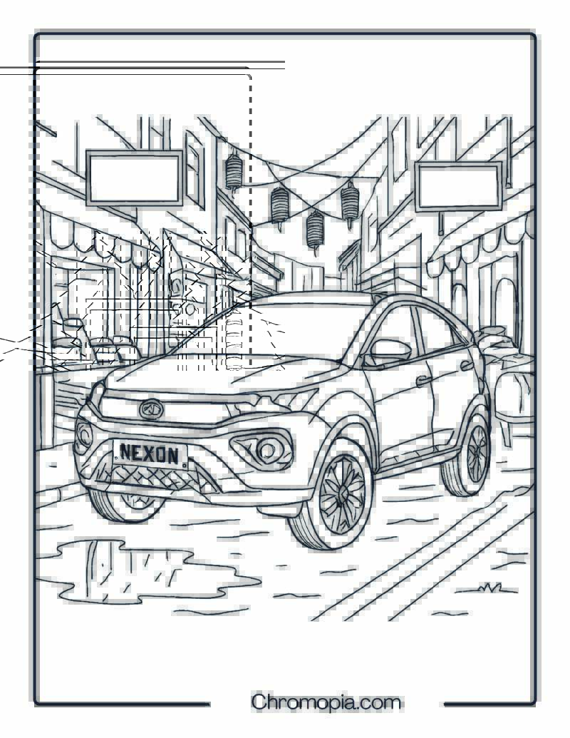 Tata Nexon in Indian Market Street – Car Coloring Page