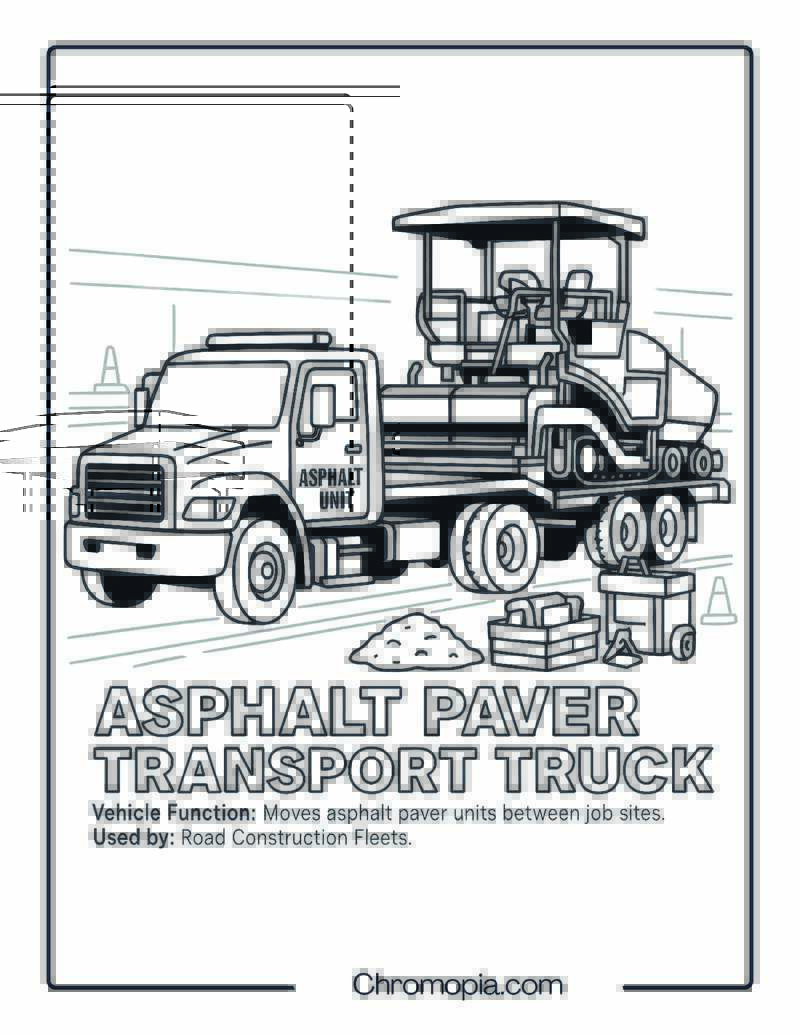 Asphalt Paver Transport Truck – Transportation Vehicle Coloring Page