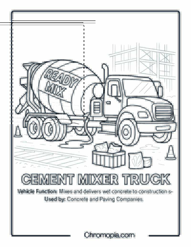 Cement Mixer Truck – Transportation Vehicle Coloring Page
