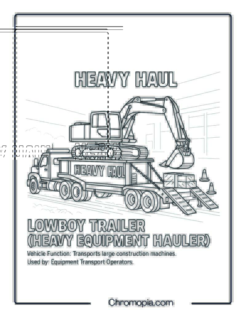 Lowboy Trailer (Heavy Equipment Hauler) – Transportation Vehicle Coloring Page