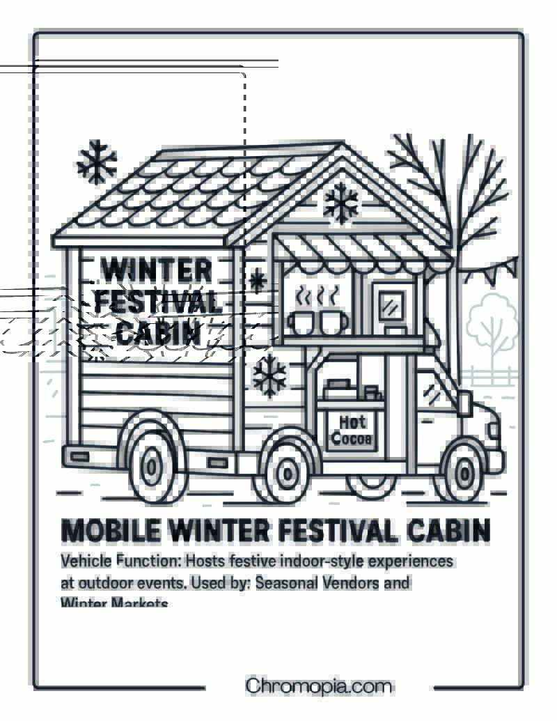 Mobile Winter Festival Cabin – Transportation Vehicle Coloring Page