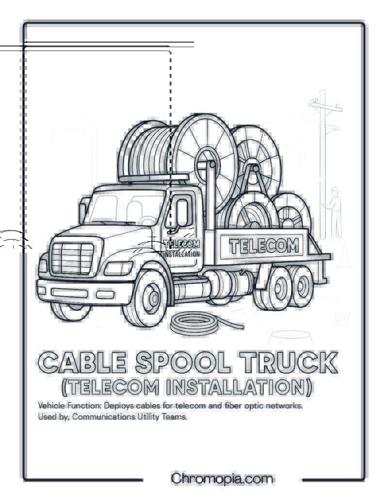Cable Spool Truck (Telecom Installation) – Transportation Vehicle Coloring Page