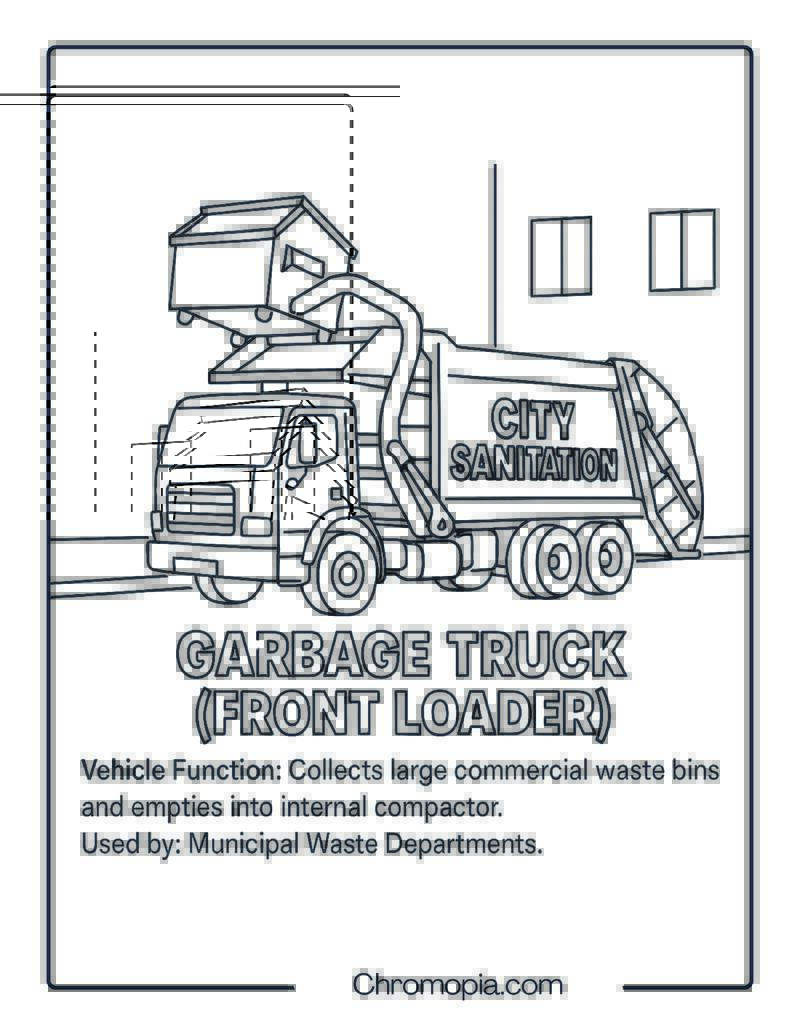 Garbage Truck (Front Loader) – Transportation Vehicle Coloring Page