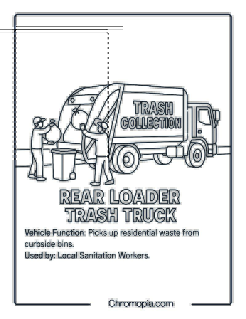 Rear Loader Trash Truck – Transportation Vehicle Coloring Page