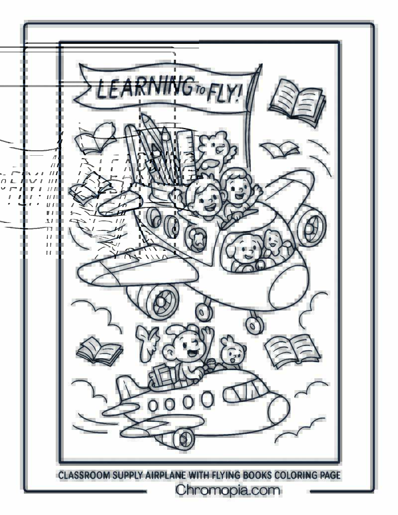 Classroom Supply Airplane with Flying Books Coloring Page