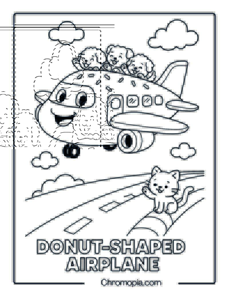 Donut-Shaped Airplane with Puppy Passengers Coloring Page
